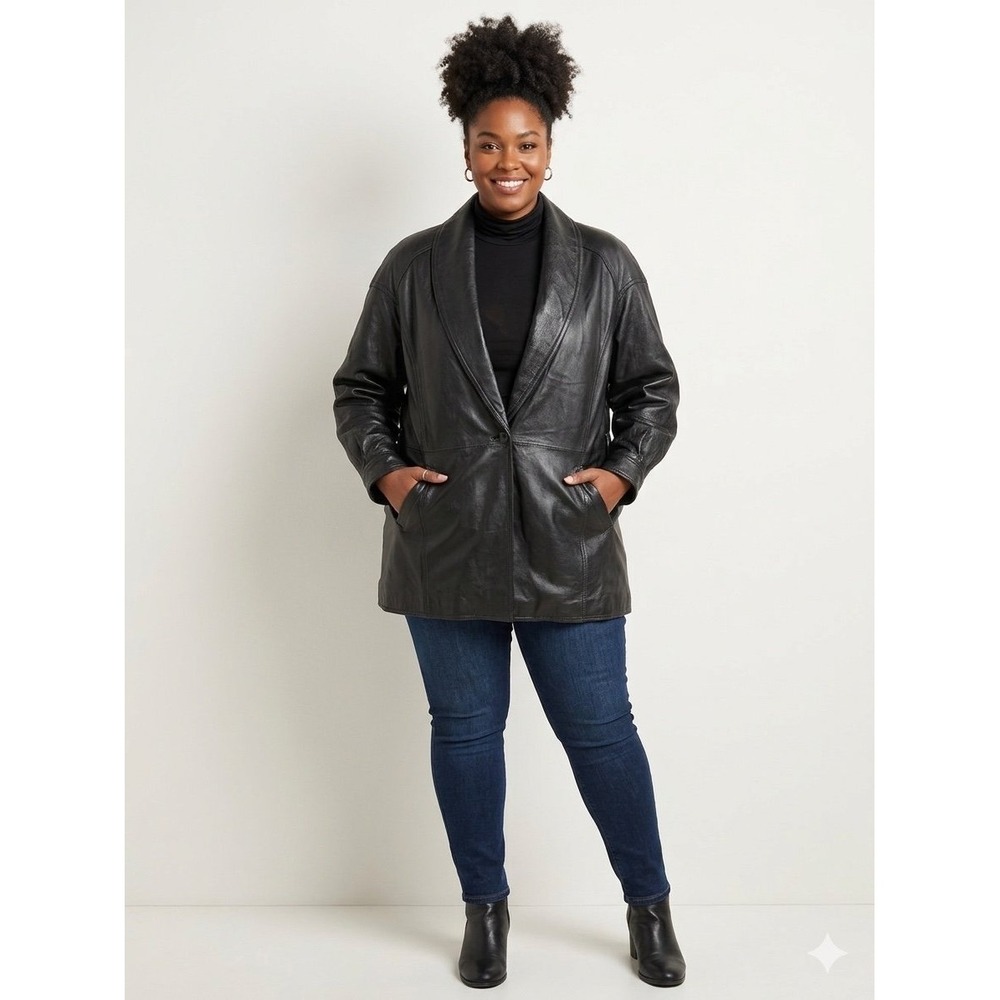Genuine Black Leather Coat Shawl Collar Vintage Longline Blazer Jacket Sz L